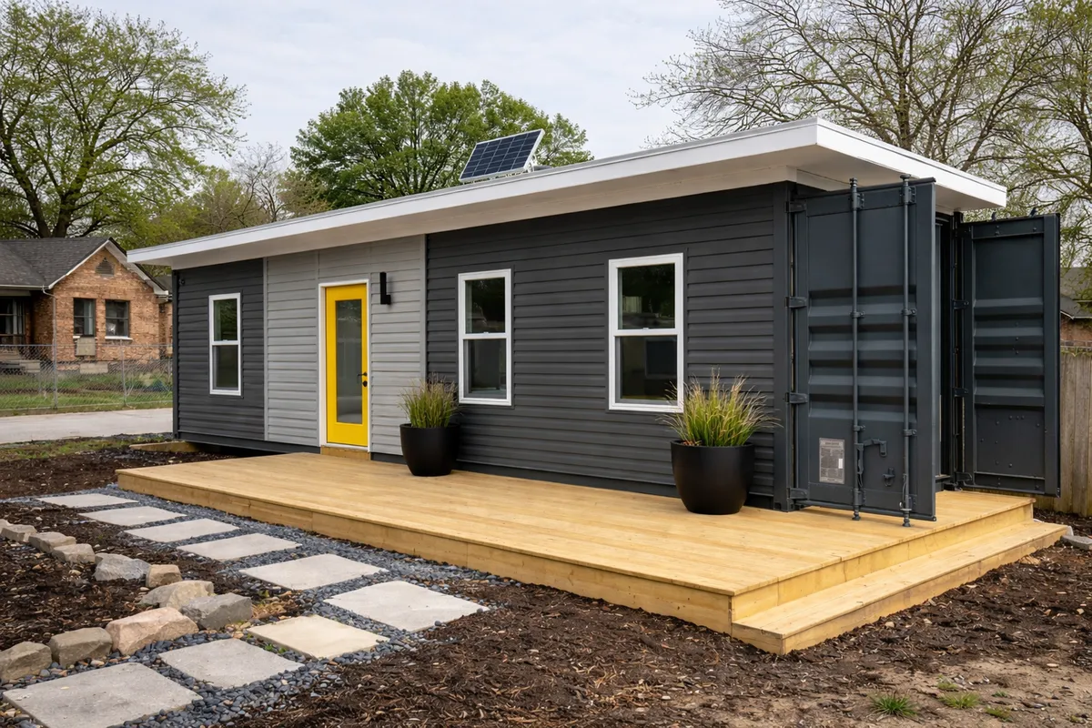 A row of houses with a street sign in front of them.